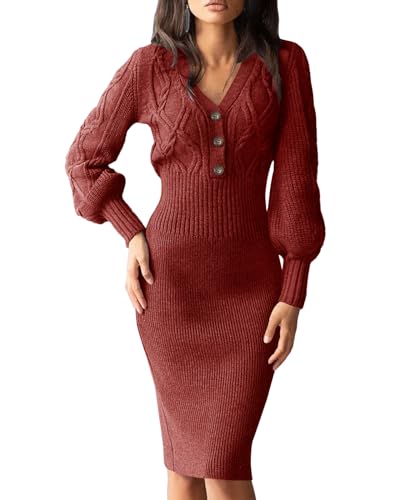 Cicy Bell Pulloverkleid Damen Winter, Langarm, V-Ausschnitt, Elegant Kleid Herbstkleid Mit Knopf Winterkleid Knielang- Sexy Strickkleider Moderne Partykleid Damen Warm Lang Midikleid Weinrot,S