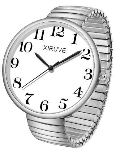 XIRUVE Gut Lesbar 43mm Gehäuse mit Große Ziffern Weißes Zifferblatt Edelstahl Zugarmband Damen Herren Analog Quarz Armbanduhr