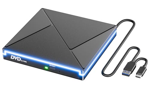 Externes CD DVD Laufwerk mit RGB, USB 3.0 & USB-C CD/DVD Laufwerk Extern, CD DVD +/-RW ROM Brenner Optical External DVD Drive für Laptop, PC, Desktop, MacBook, iMac, Windows 11/10/8/7/XP/Linux/MacOS
