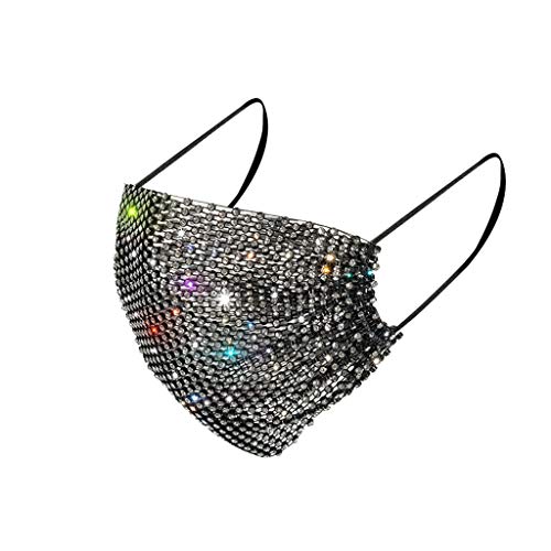 LIEIKIC Damen Mund und Nasenschutz Kristalle Glitzer Elegant Waschbar Wiederverwendbar Atmungsaktive Multifunktionstuch Cover Halstuch für Halloween Abend Party (B-Schwarz)