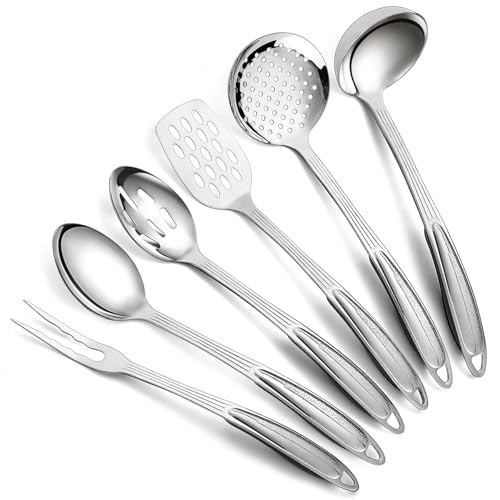 Berglander Edelstahl Küchenutensilien Set 6 teilig, Kochutensilien Sets, Küchenhelfer Essentials umfassen Metallspatel Set, Schaumlöffel, Schöpfkelle, Servierlöffel, Schaumlöffel, Tranchiergabel