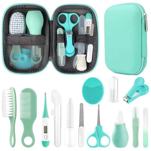 Qunlions life Baby Gesundheitswesen und Pflegeset, Säuglingssicherheitspflege Set mit Haarbürste, Kamm, Nagelknipser, Baby Essentials Kit für Neugeborene Mädchen Jungen (Grün 14 in 1)