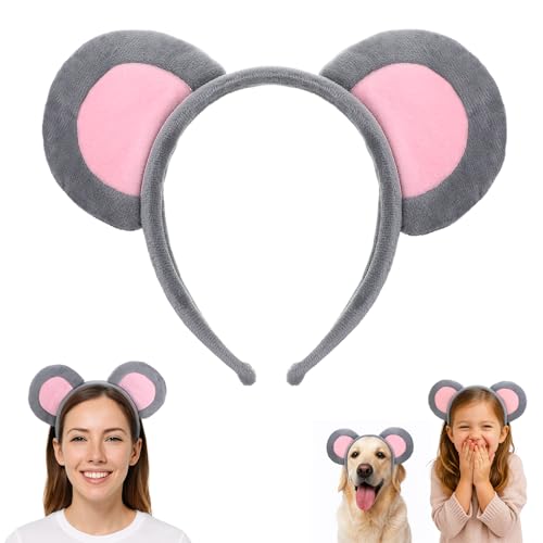Ouligay Mouse Ears Haarreifen Maus Ohren Stirnband Grau Mausohren Haarreifen Stirnbänder Tier Maus Kostüm für Kinder Erwachsener, Mäuschen Haarreif für Fasching Karneval Party Kostüm Accessoires