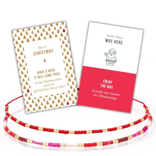 happymaker - Kleines Weihnachtsgeschenk Frauen, 2 rote Armbänder aus Glasperlen mit 2 Karten im Baumwollsäckchen, Wichtelgeschenk, Armbänder handgefertigt in Deutschland