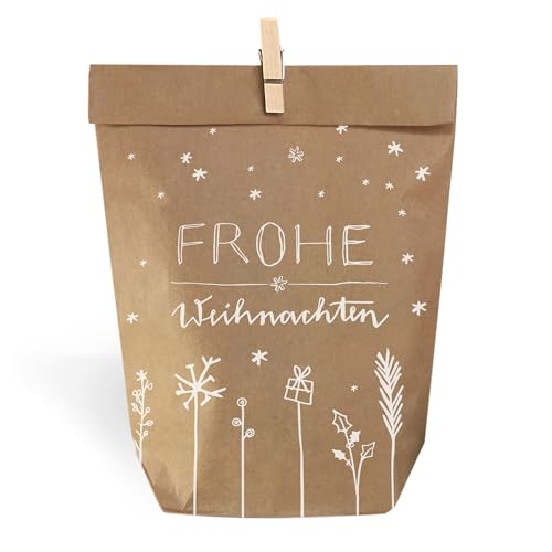Eine der Guten Weihnachtstüten, Geschenktüten Set - Frohe Weihnachten, mit 24 gestempelten Kraftpapiertüten & Mini-Holzklämmerchen, Geschenkverpackung für Plätzchen & Weihnachtsgeschenke, 14 x 22 cm