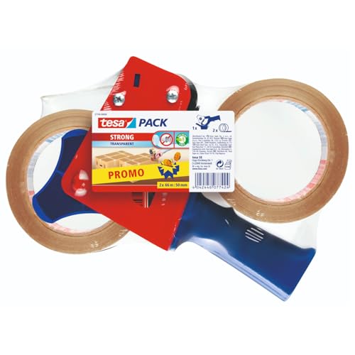 tesa Paketband-Abroller und tesapack Paketbänder im Set - 2 x hochwertiges Packband inklusive 1 Abroller - Transparent - 66 m x 50 mm
