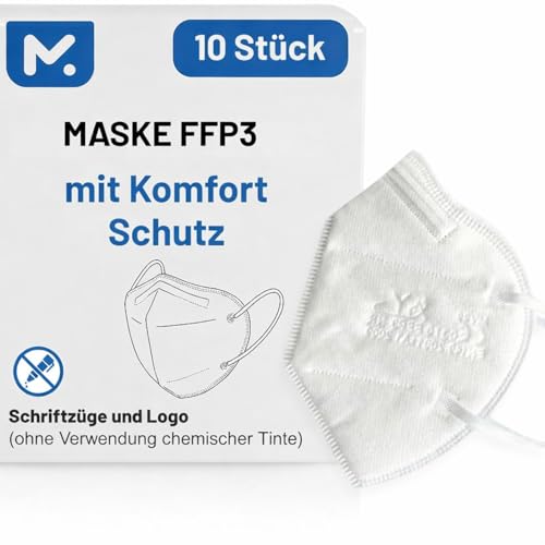 10 FFP3 Mund- und Nasenschutz Maske mit EC Zertifizierung, 5 lagige Maske ohne Ventil, Staub- und Partikelschutzmaske, medizinische Schutzmaske mit hoher BFE-Filtereffizienz ≥ 99, 10 Stück