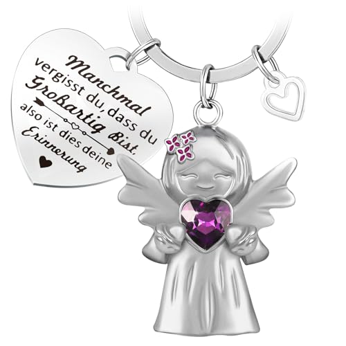 Fugoviin Schutzengel Glücksbringer Schlüsselanhänger Matt mit Edelsteinen und Fliederblumen, Motivationsgeschenke, Mutmacher, Kleine Geschenke für Freundin, Mutter, Schwestern, Kollegen, usw. (Lila)