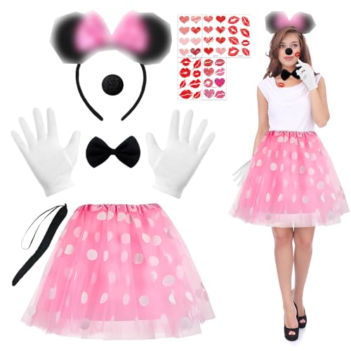 NHYDZSZ 7 Pcs Damen Mouse Kostüm, Maus Kostüm Damen, Rosa Tutu mit Weiß Gepunktet, Haarreif mit Mausohren, Handschuhe, Nase, Schwanz, Fliege+Gesichtstattoo, für Karneval Cosplay Fasching Party