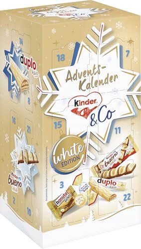 kinder and Co. White Adventskalender 2025 – Adventskalender mit Schokoladen-Spezialitäten von Ferrero – kinder bueno White, Schoko-Bons, duplo & hanuta Minis – 1 Kalender à 263 g