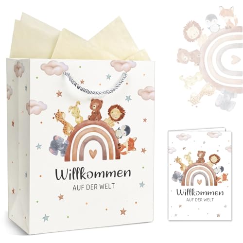 Geschenktüte Baby Geburt, Geschenktasche mit Glückwunschkarte, Geschenke zur Geburt Junge & Mädchen, Geschenkverpackung Papiertüten mit Henkel und Seidenpapier - Willkommen AUF DER WELT