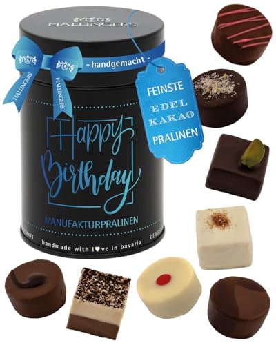 Hallingers Genuss Manufaktur Pralinen Geburtstagsgeschenk – ohne Alkohol, handgemacht aus Premium Edelkakao, edle Geschenkdose 