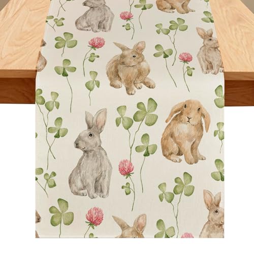 Pflanzen Blumen Hasen Tischläufer Ostern Deko Sackleinendruck Frühlings Tischdeko Tischläufer Heimdekoration Tischdecke Ostern Geburtstagsparty Tisch Dekorationen, 183*33cm (#B)