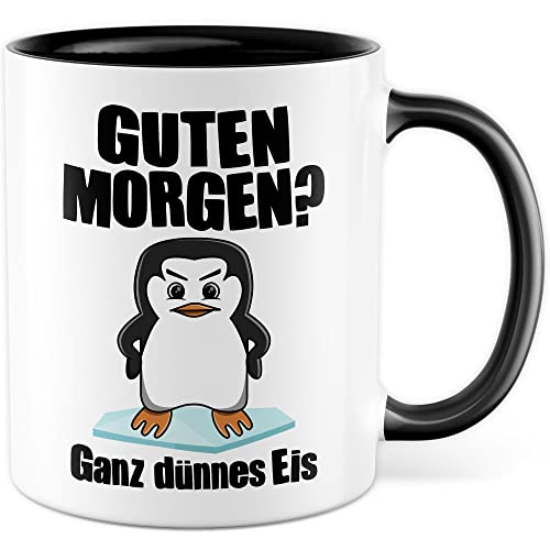 Tasse Morgenmuffel Geschenk, Guten Morgen? Ganz dünnes Eis Geschenkidee Kaffeetasse mit Spruch lustig Kaffee-Becher Bürogeschenk Pinguin-Motiv lustige Tasse Kollegen (Weiß/Schwarz)