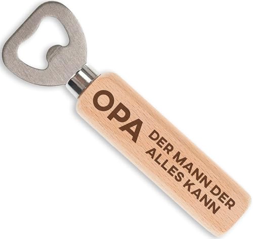 Flaschenöffner Holz Opa – Der Mann der alles kann – Bieröffner mit Gravur – Geschenk für Opa Geburtstag Vatertag Männer – Kapselheber 14cm aus Edelstahl & Buchenholz (Opa - Der Mann der alles kann)