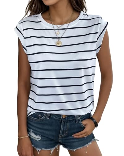 YUTILA Damen Rundhal Ausschnitt Casual Gestreift Tshirt Sommer Tops