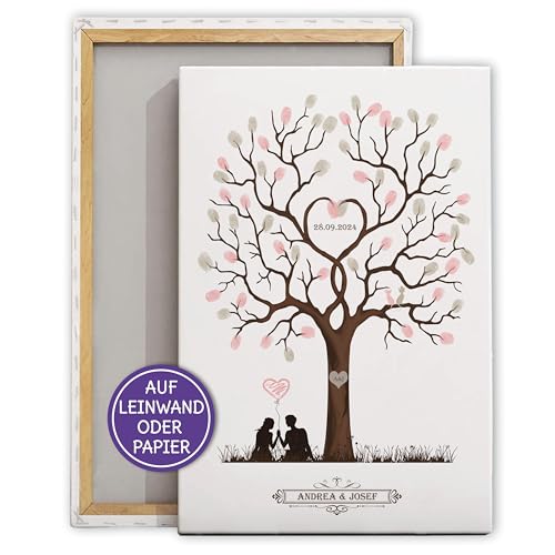 FEENSTAUB Hochzeitsbaum personalisiert, Gästebuch Alternative Hochzeit, Fingerabdruck Hochzeit, Weddingtree, Leinwand Gästebuch, Hochzeitsbaum Fingerabdruck, Baum auf Leinwand oder Papier