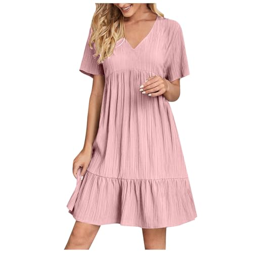 KOG Sommerkleider Sommerkleid für Damen Mode Blusen Kleider Einfarbige 2025 Prime Hemdkleid Leicht Frau Boho Kleidung Kleider Baumwolle Cocktailkleid Elegant für Hochzeit Sale Rosa M