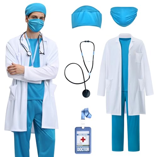 BuzzoXerex Arzt Kostüm Herren, Doktor Kostüm Herren Karneval Chirurg Kostüm Erwachsene Set mit Arztkittel, Doktorhut, Arztmaske, Oberteil, Hose und Stethoskop für Karneval Halloween (L)