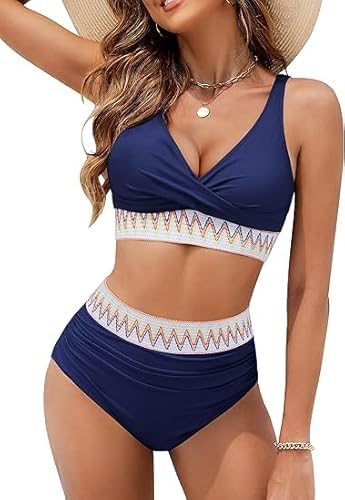 KDEIHT Bikini Damen Set Cross Zweiteiliger Badeanzug V Ausschnitt Bademode High Waist Badeanzüge Bikinioberteil Badehose Anzug mit Bauchkontrolle Swimsuit Strand Beachwear Premium Marken