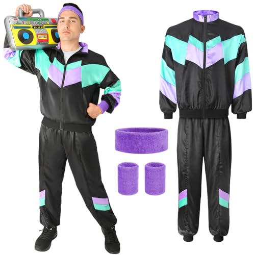 Aomig 90er Jahre Kostüm Erwachsene 5Pcs Retro Trainingsanzug Unisex Disco Ganzkörperanzug Partner Outfit Jacke Hose Armband und Stirnband 80er Party Bad Taste für Mottoparty Karneval (Schwarz-Grün-XL)