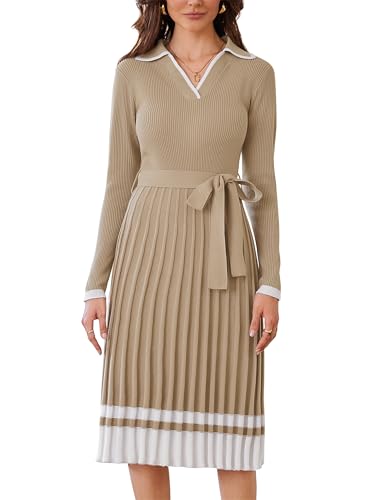 CURLBIUTY Damen Langärmeliges Strickkleid V-Ausschnitt Rippstrick Winterkleider Vintage Täglich Midikleid Khaki Beige S