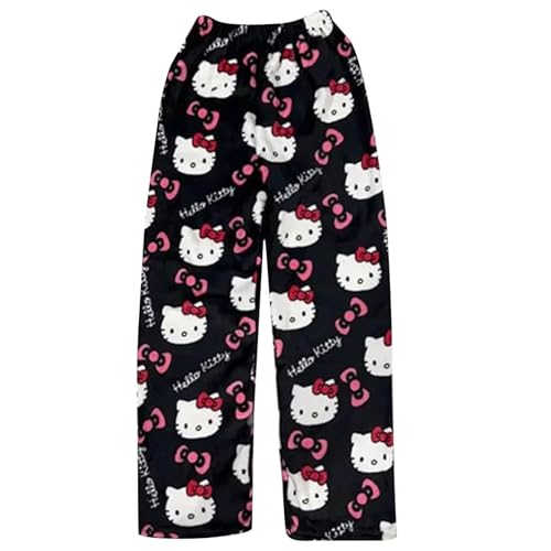 Pyjama Hose Kitty Schlafanzug Damen Pyjamas Hosen Lang Flanell Pyjama Hose Damen Schlafhose Weich Kawaii Pyjamas Anime Bequeme Schlafanzughose Frauen Anime Cartoon Casual Herbst-Winter (Black, XL)