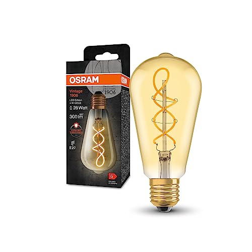 OSRAM Vintage 1906 Classic Edison FIL LED-Lampe, E27, Kugelform, gold, 4W, 300lm, 2000K, warmweiße Komfortlichtfarbe, sehr geringer Energieverbrauch, lange Lebensdauer