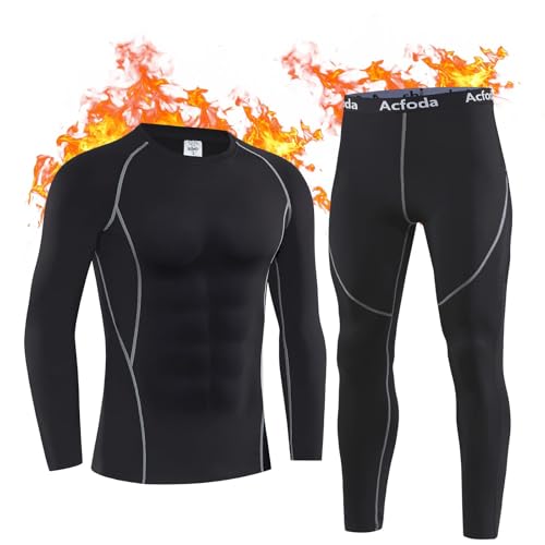 Acfoda Thermounterwäsche Herren, Skiunterwäsche Winter Warm Thermowäsche Set Weich Atmungsaktiv Thermo Unterwäsche Funktionswäsche Thermounterhemd Thermounterhose Schwarz L