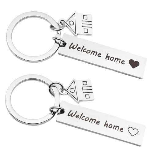 Vyqrx 2 Stück Willkommen zu Hause Schlüsselanhänger,Einweihungsparty Geschenk, Erste Zuhause Schlüsselbund mit Haus Anhänger Personalisiert Edelstahl Schlüsselanhänger