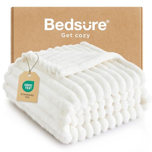 BEDSURE Kuscheldecke Flauschig - Wolldecke & Fleecedecke, Sofadecke, Weiche Warme Grobe Korddecke für Zimmer Deko, Wohn- & Kuscheldecken, Tagesdecke, Wollweiß, 150 x 200 cm
