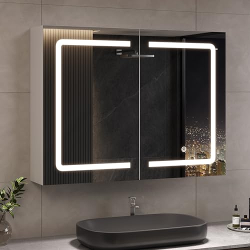 DICTAC Badezimmer spiegelschrank mit Beleuchtung 80x60x16cm Spiegelschrank Bad mit LED und Steckdose 80 cm Breit Doppeltür Badschrank mit Spiegel und Ablage,Hängeschrank,Berührung Sensorschalter,Weiß