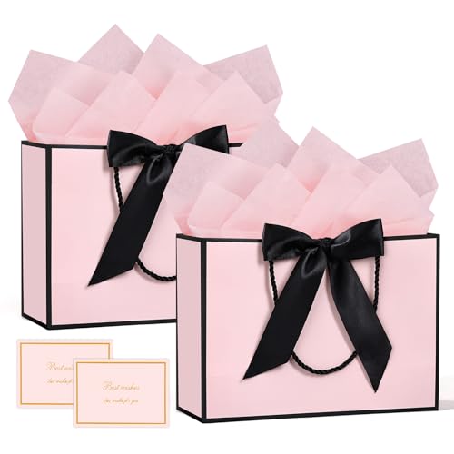 BBLIKE Geschenktüten mit Henkel - 2 Geschenktasche + 2 Grußkarten + 4 Sydney Paper, Papiertüten mit Henkel, Geschenkverpackung für Geschenk, Geburtstag, Feier, Hochzeit (Rosa Schwarzer Rand)
