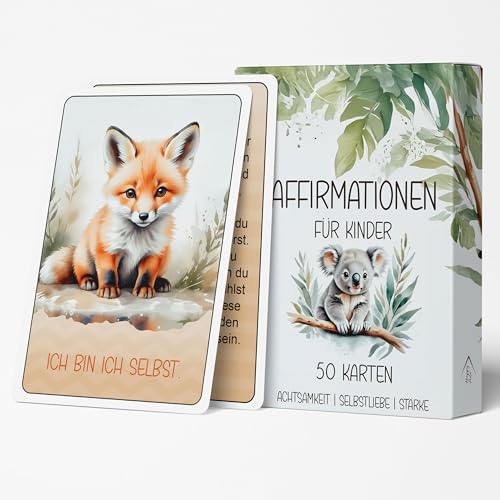 HappyArts® 50 Affirmationskarten für Kinder | Pädagogisch Wertvoll | Selbstbewusstsein stärken | 10,5 x 7,4 cm | Gefühle verstehen Achtsamkeit fördern Selbstliebe stärken