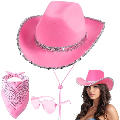 Aomig CowboyHut Damen Herren Fashion Cowboyhüte Cowgrilhut Rockstar Randlose Hippie Herzförmige Brille Halstuch Wilder Westen Party Brillen Geburtstagsfeier Fasching Karneval Kostüm Mottoparty (Rosa)