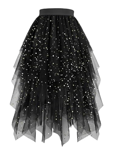 Hanpceirs Damen Tüll Röcke High Low Layered Puffy Fee Röcke A-Linie Midi Rock Unregelmäßiger Tutu Rock Schwarz Pailletten XL