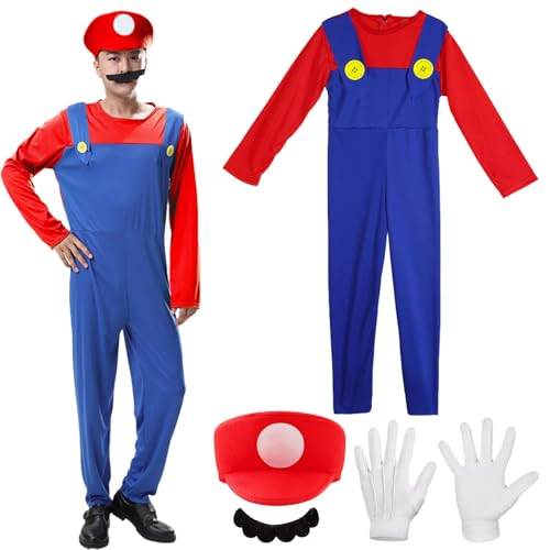 YeahBoom Rot Blau Kostüm Set,4 Stück Kostüme mit Mütze Bart Handschuhe,Einfarbig Cosplay Kostüme,Männer Damen Erwachsene Outfit für Weihnachten Karneval Cosplay Faschingskostüme