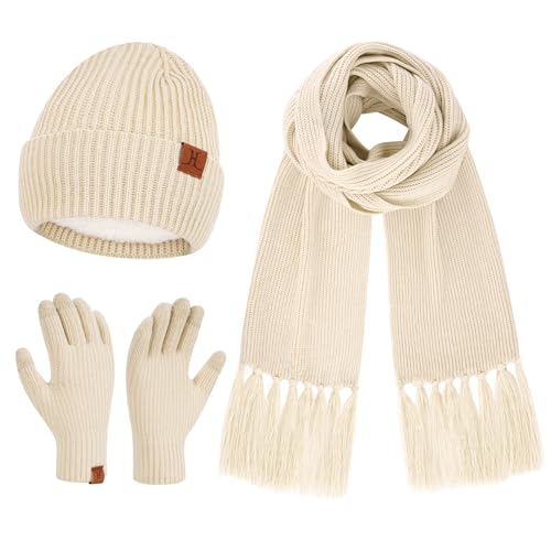 Damen Winter Warm Beanie Mütze Schal Touchscreen Handschuhe Set Thermo Wintermütze Strickmütze Lange Schals Winterhandschuhe mit Fleece Gefütterte Frauen Geschenk, Hafermehl