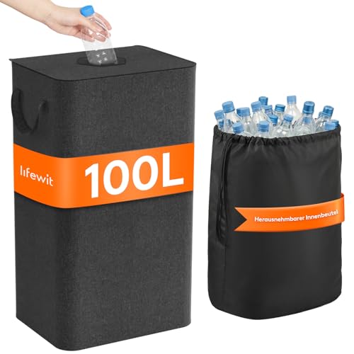 Lifewit 100L Pfandflaschen Sammelbehälter mit Deckel, Groß Pfandflaschen Aufbewahrung, Behälter Leergut & Altglas Aufbewahrung, Flaschensammler mit Loch Küche Abstellraum Flaschentasche, Dunkelgrau