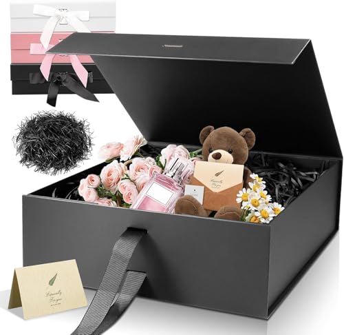 Schwarz Luxus Große Magnet-Geschenkbox, 32,5 * 23 * 10,5cm mit Band, Papier& Grußkarte Party Favor Box für Hochzeit, Geburtstag & Muttertag