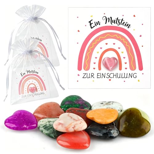 12 Edelsteine Glückssteine Set für Einschulung 2026 - Nachhaltiges Schulanfang Geschenk mit Organzasäckchen & Zauberkarten, Schultütenfüllung oder Mitgebsel, Glücksbringer für Jungen & Mädchen (Rosa)