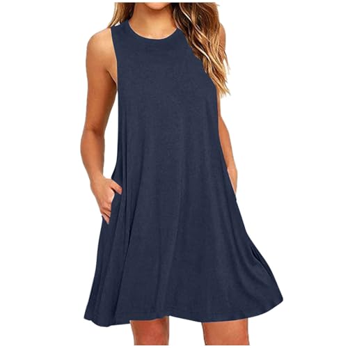 Sommerkleider Damen Leicht und Luftig Strandkleid Kurz Sommer Kleid Elegant Casual Kleider Rundhals Ärmellos Freizeitkleider Alltag Locker Shirtkleid mit Taschen Minikleid Party Tankkleid