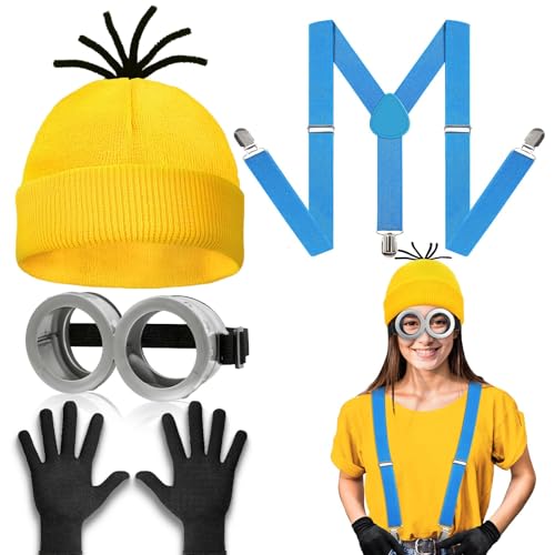 WEARXI Karneval Kostüm Damen, 3/4/6PC Gelbes Kleidung Set, Kostüm Damen Fasching Erwachsene Karnevalskostüm für Party Cosplay für Herren Kinder, Mütze Brille Hosenträger Handschuhe