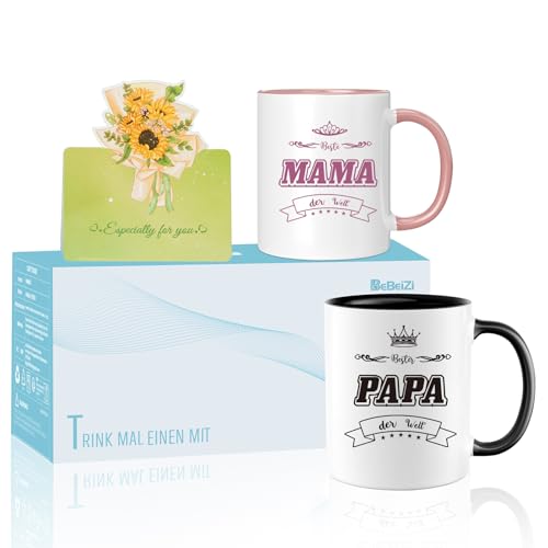 Mama und Papa Tassen Set mit Spruch „Beste Mama & Papa der Welt“ | Geschenkidee für Eltern zu Weihnachten, Geburtstag, Muttertag oder Vatertag | Kaffeetassen im Set