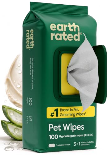 Earth Rated Feuchttücher für Hunde, Dicke Pflegetücher zur einfachen Anwendung an Pfoten, Körper und Hintern, unparfümiert, 100 Stück