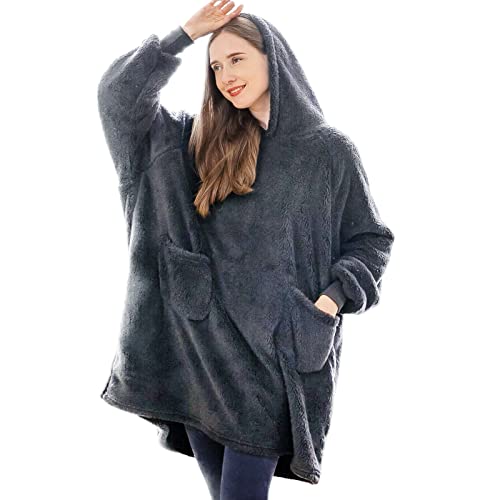 Aisbo Hoodie Decke mit Ärmeln und Kapuze - Kuschel Pullover Decken Pulli, Blanket Hoodie Oversize Damen, Kuscheldecke mit Ärmel als Geschenke für sie Frauen Freundin Mutter, Grau Deckenpullover
