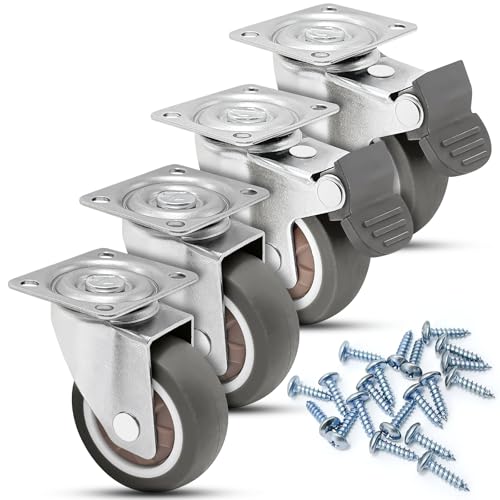 Yonality 4 stück möbelrollen 50 mm, 2 mit bremsen und 2 ohne, 360-grad lenkrollen schwerlast, lautlose rollen aus vollgummi, leise transportrollen, für möbel, palettenmöbel oder als transportrolle