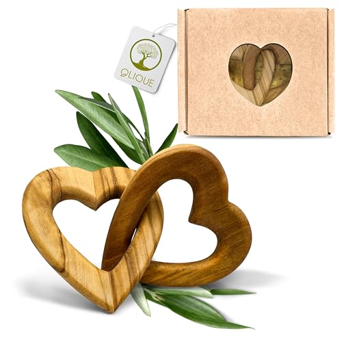 Holzherzen, Olivenholz - Verbundene Holz Herzen als individuelles Geschenk zur Hochzeit, Hochzeitstag oder Verlobung (5 cm)