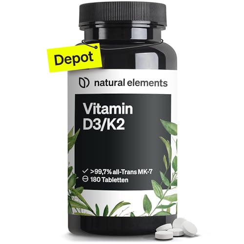 natural elements Vitamin D3 + K2 Depot – 180 Tabletten – Premium-Qualität: K2VITAL® von Kappa – 99,7+% All-Trans K2-MK7 + 5000 IE Vitamin D3 – hochdosiert, ohne Zusätze – laborgeprüfte Qualität