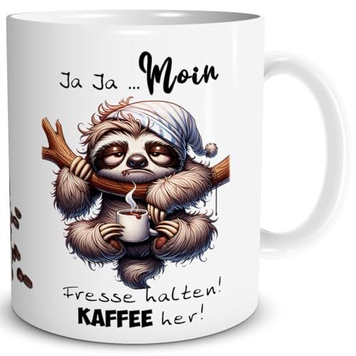 TRIOSK Tasse Morgenmuffel Faultier lustig mit Spruch Moin Fresse halten Kaffee her Spaß Kaffeemotiv Geschenk für Kaffeeliebhaber Frauen Männer Schlafmützen Kollegen Weiß, Keramik 300ml
